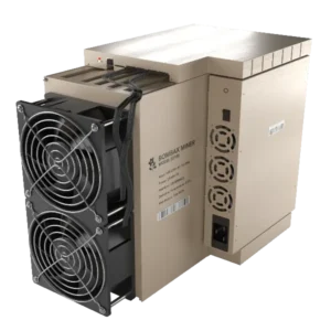 bombax ez100 12500m ethereum classic ethash asic miner  gold tone chassis with twin large axial fans three side exhaust fans and bombax miner front label sold by sell your pc south africa