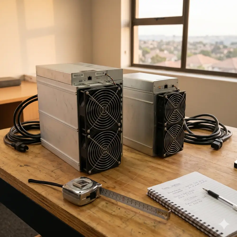 two asic cryptocurrency mining rigs on a wooden table with cables a tape measure and a notebook nearby in a bright room