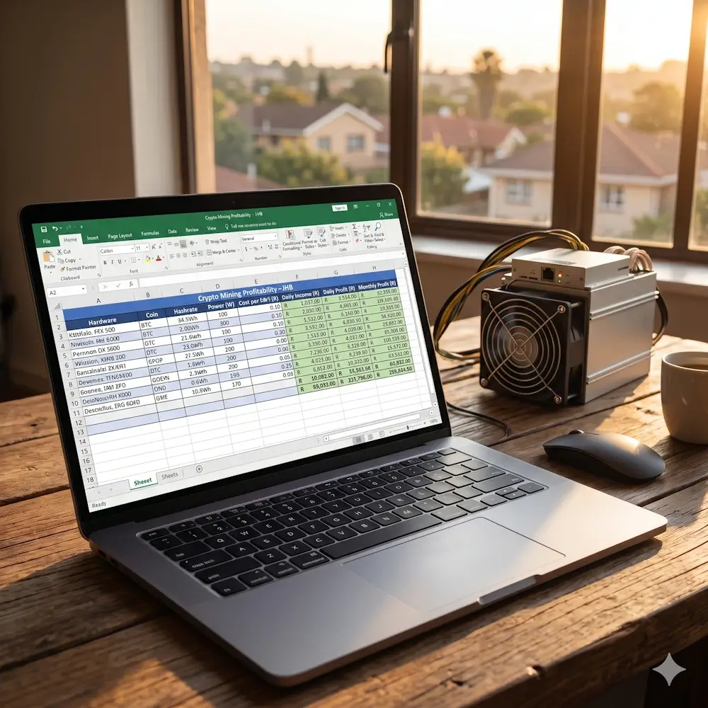 laptop screen shows a crypto mining profitability spreadsheet on a wooden table with a power supply unit beside it by a window