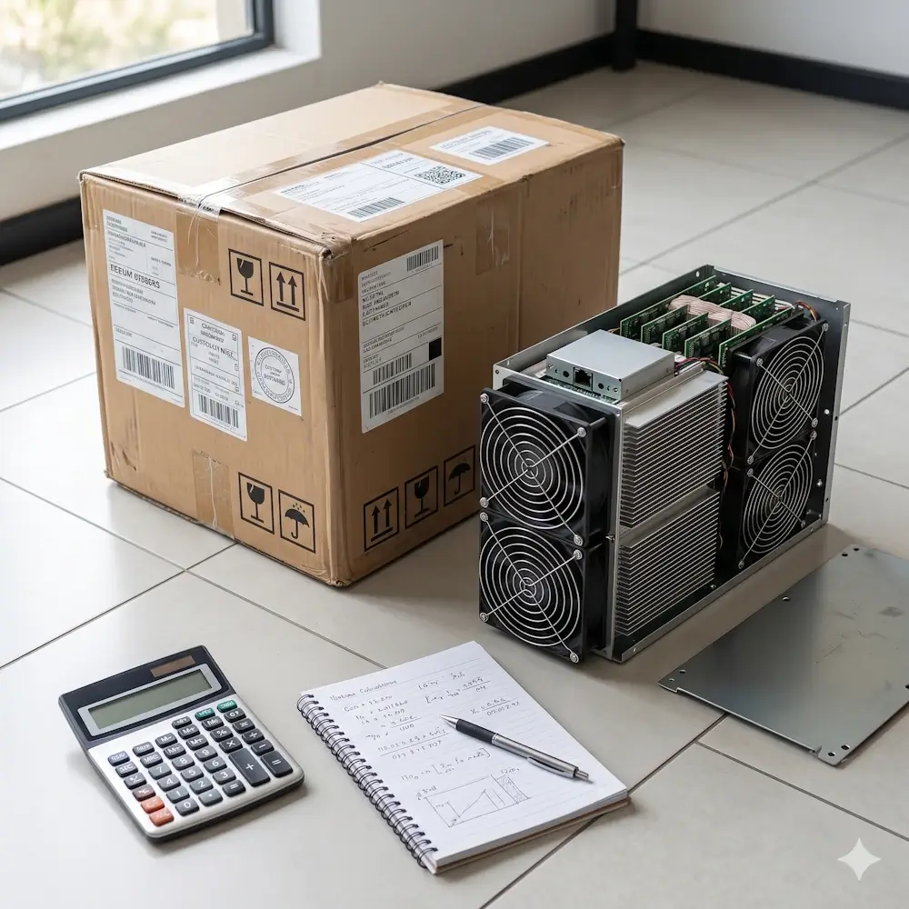 cardboard shipping box beside an open cryptocurrency mining rig with cooling fans calculator and notebook with calculations on the floor