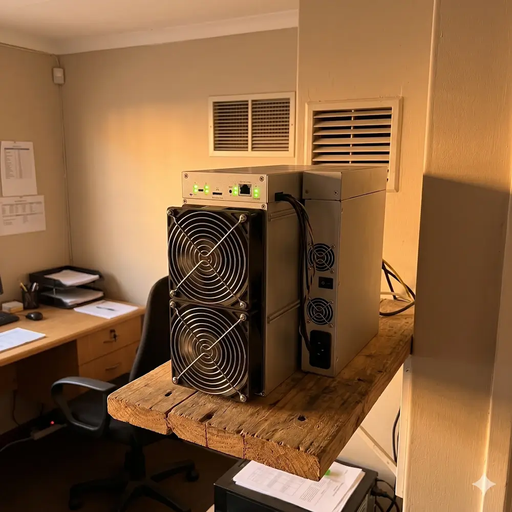 metal server style computer with two large front cooling fans sitting on a rough wooden workbench in an office room with a desk and papers in the background