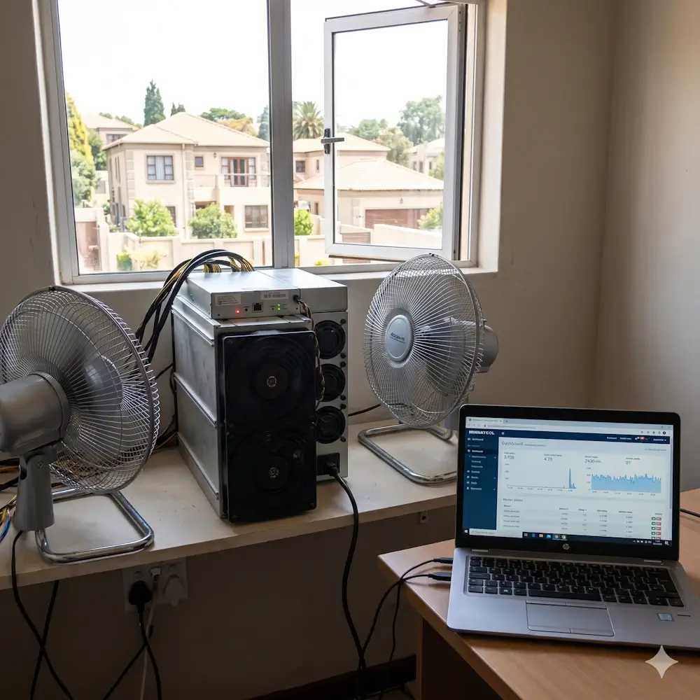 desk setup with a server style mining rig two electric fans and a laptop displaying a data dashboard beside a window view of houses outside
