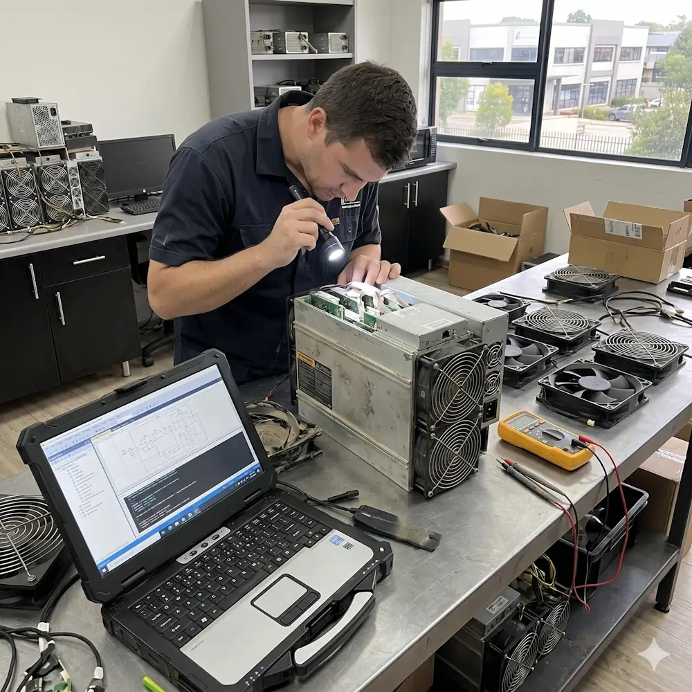 technician inspecting a server power supply with a flashlight at a lab bench laptop open showing diagrams nearby