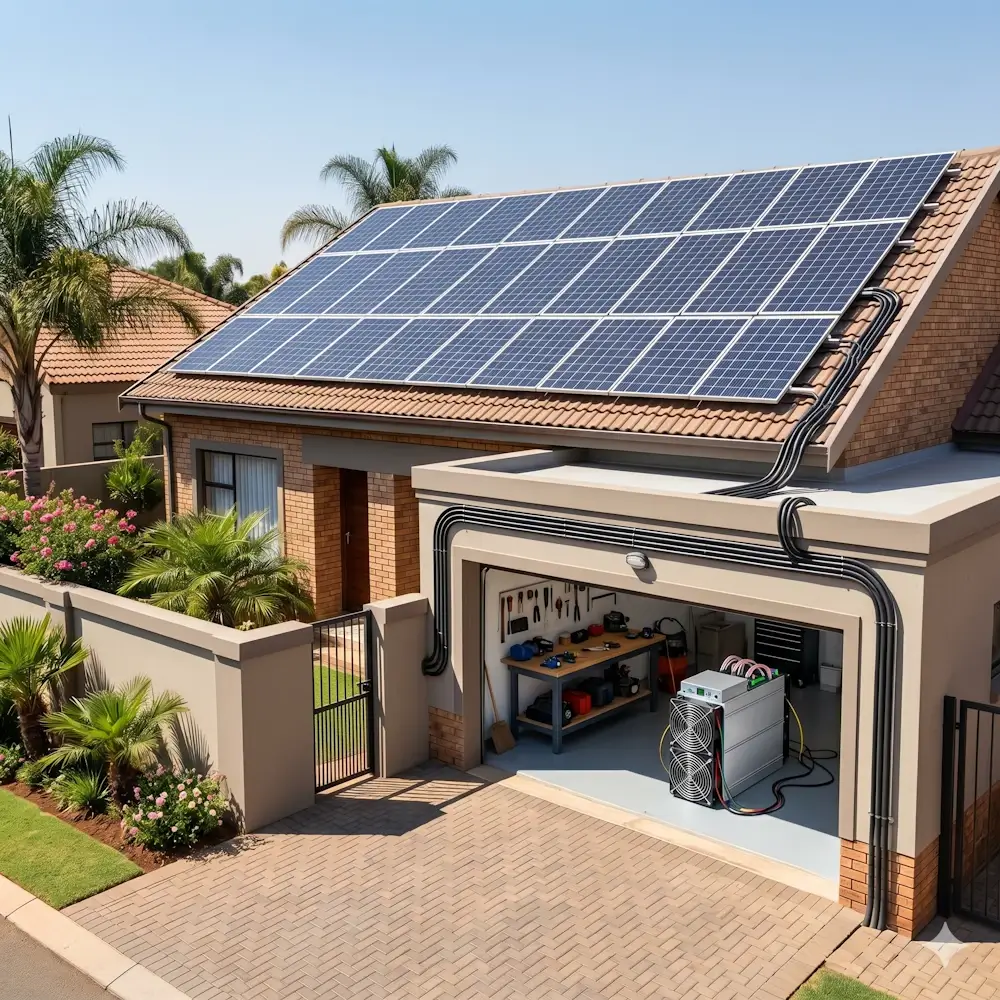 house with a large solar panel array on the roof and an open garage showing electrical gear and tools neighborhood with palm trees in the background