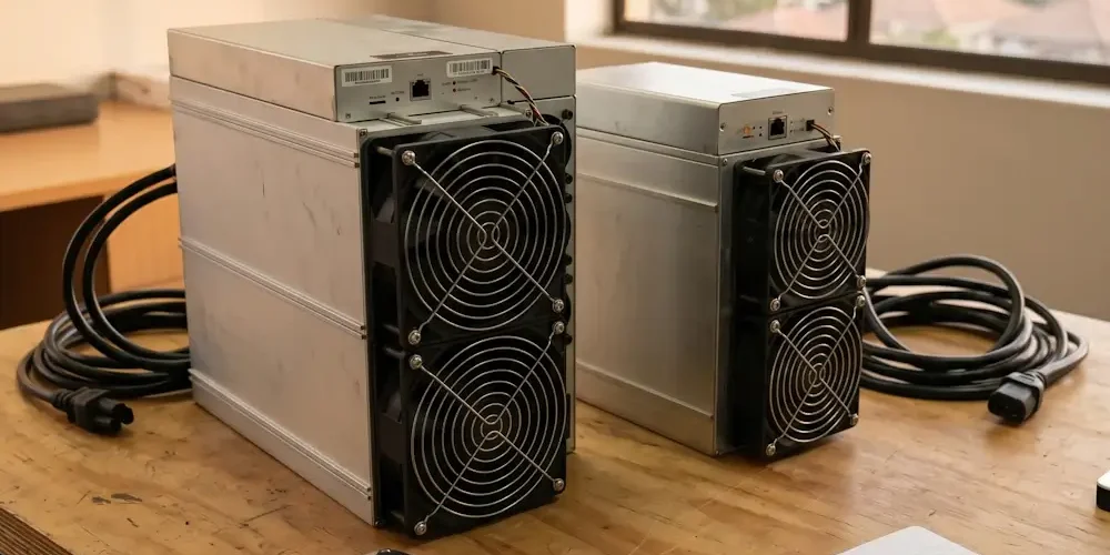Two ASIC cryptocurrency mining rigs on a wooden table with cables, a tape measure, and a notebook nearby in a bright room.