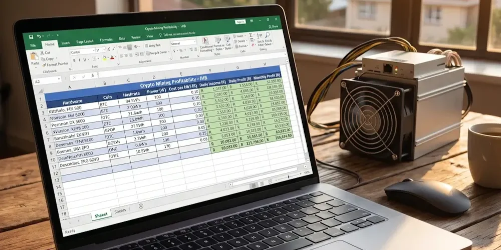 Laptop screen shows a crypto mining profitability spreadsheet on a wooden table, with a power supply unit beside it by a window.
