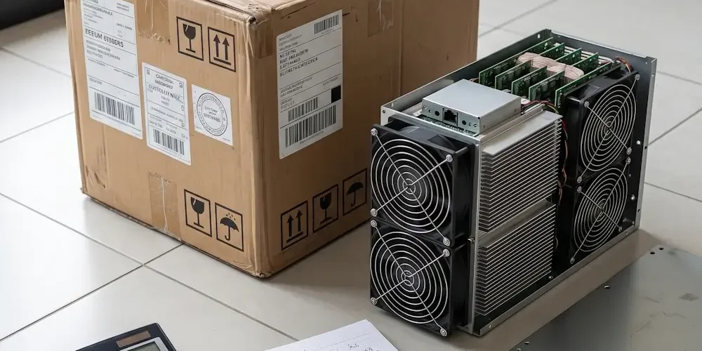 Cardboard shipping box beside an open cryptocurrency mining rig with cooling fans; calculator and notebook with calculations on the floor.