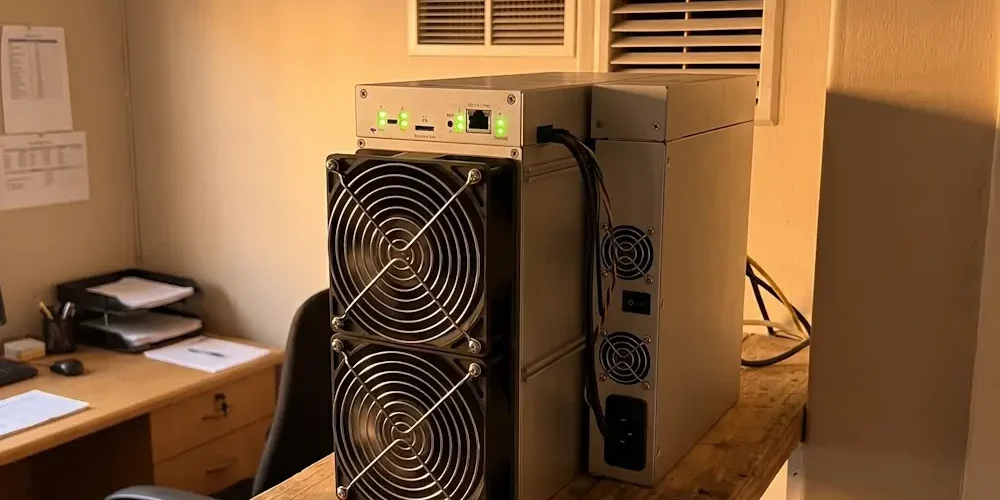 Metal server-style computer with two large front cooling fans sitting on a rough wooden workbench in an office room, with a desk and papers in the background.