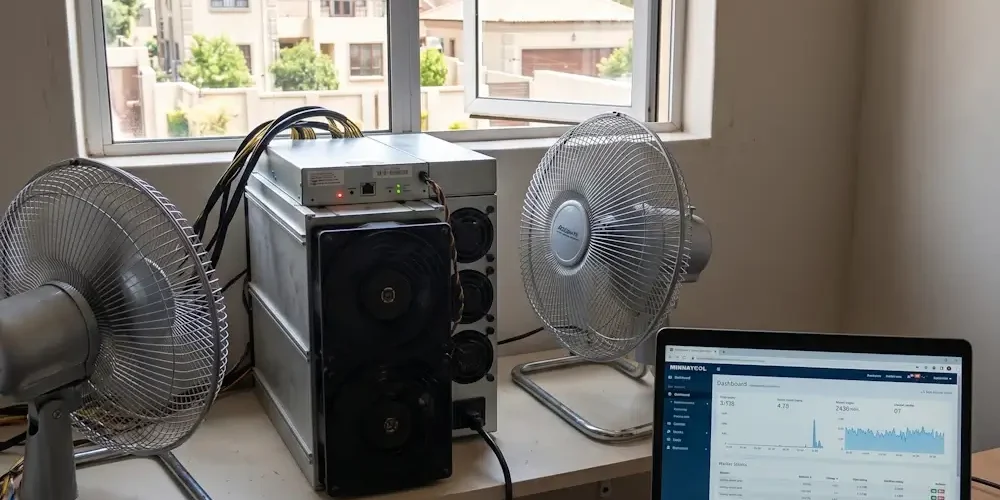 Desk setup with a server-style mining rig, two electric fans, and a laptop displaying a data dashboard beside a window view of houses outside.
