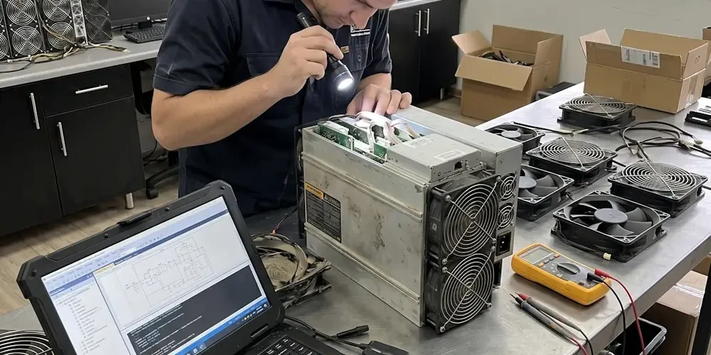 Technician inspecting a server power supply with a flashlight at a lab bench, laptop open showing diagrams nearby.