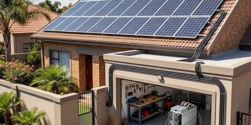 House with a large solar panel array on the roof and an open garage showing electrical gear and tools. Neighborhood with palm trees in the background.